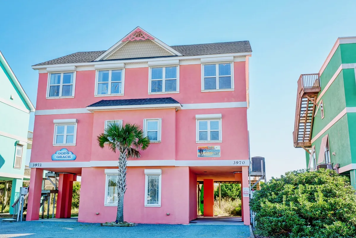 This exterior image highlights the pink facade of the building, a palm tree in front, blue signage reading 'God's Graces,' and a glimpse of a colorful neighboring building. The mood is playful and welcoming, suggesting a community-focused, pet-friendly environment.